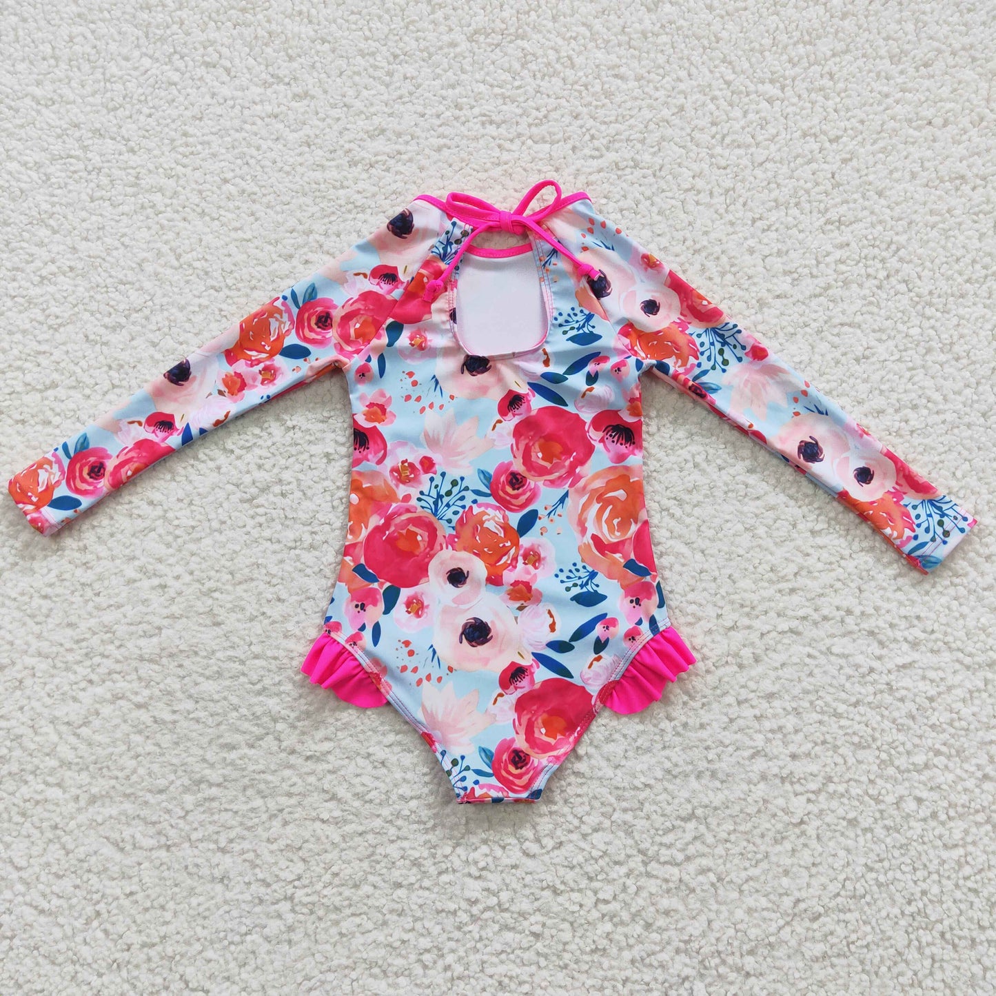Girls hot pink floral print long sleeve 1 piece swimsuits S0083