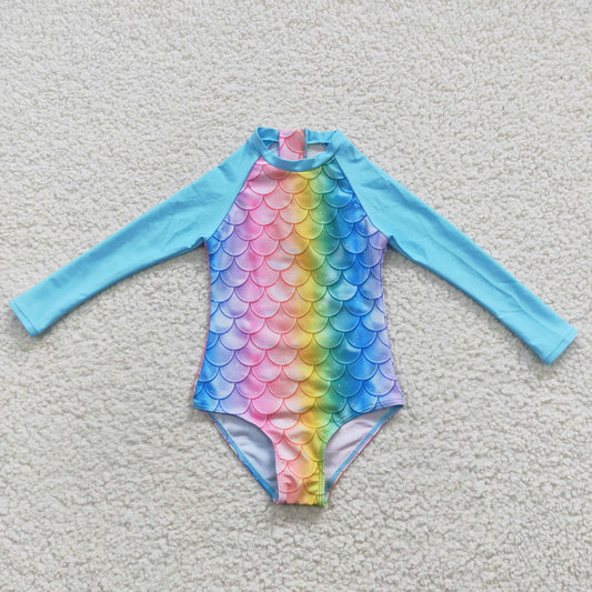 Girls long sleeve Mermaid scale print zipper 1 piece swimsuits S0075