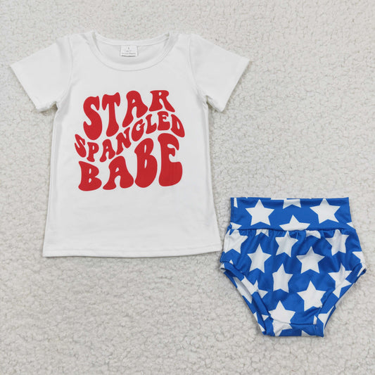 (Promotion)Baby blue star print 4th of July bummie set GBO0101