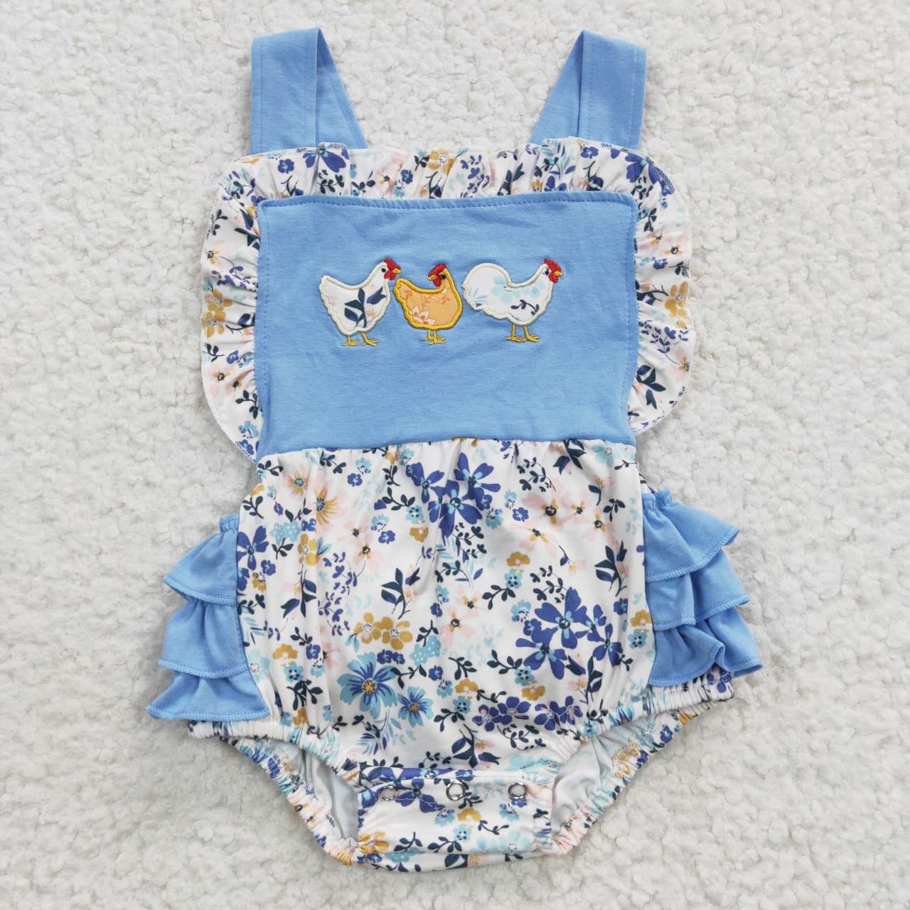 USA-Shop SR0285 Baby girls blue floral chicken print summer bubble romper