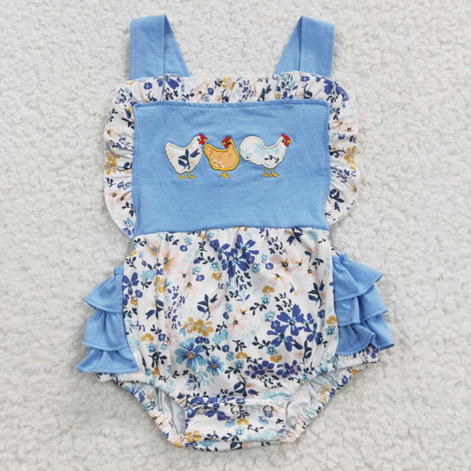 USA-Shop SR0285 Baby girls blue floral chicken print summer bubble romper