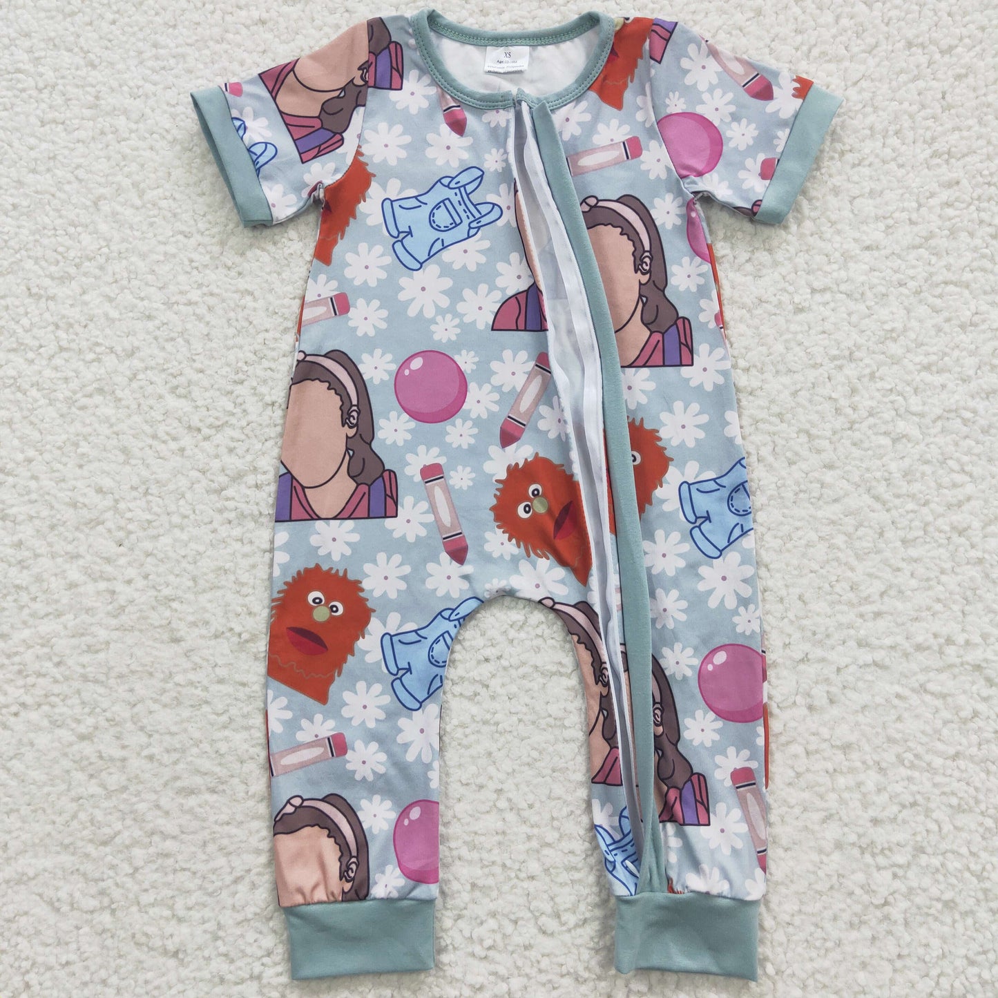 Baby cartoon teacher print short sleeve zipper romper SR0347