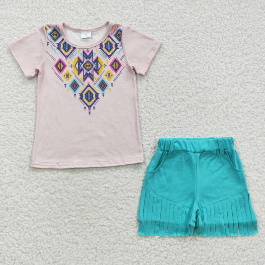 (Promotion)GSSO0272 Girls aztec top tassel ruffle shorts summer western outfits