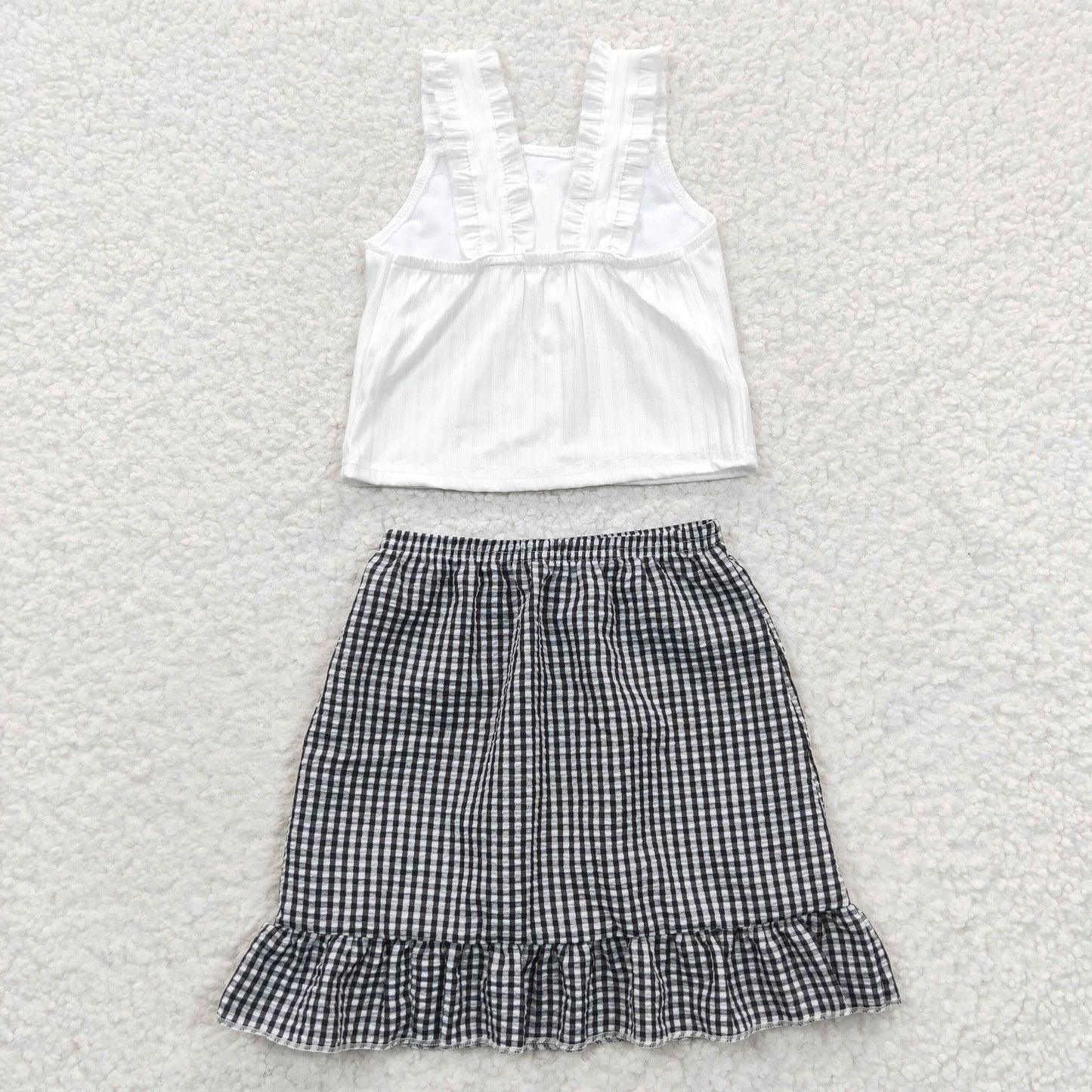 (Promotion)GSD0262 Girls crop white top black plaid skirt summer outfits