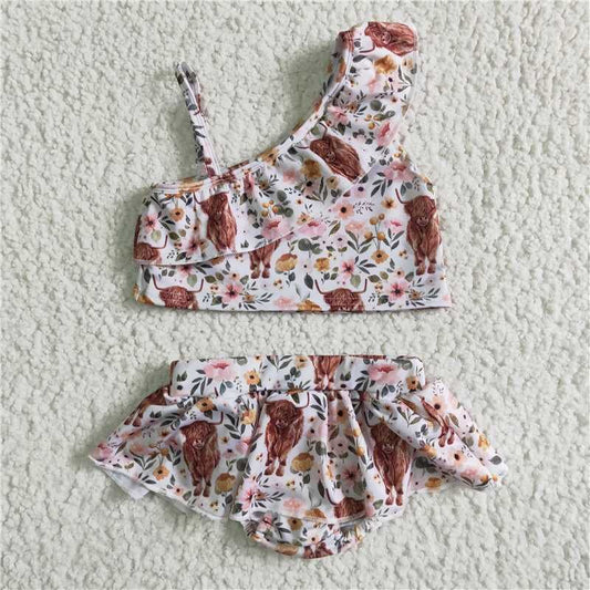 Girls cow flower pink swimsuit S0017
