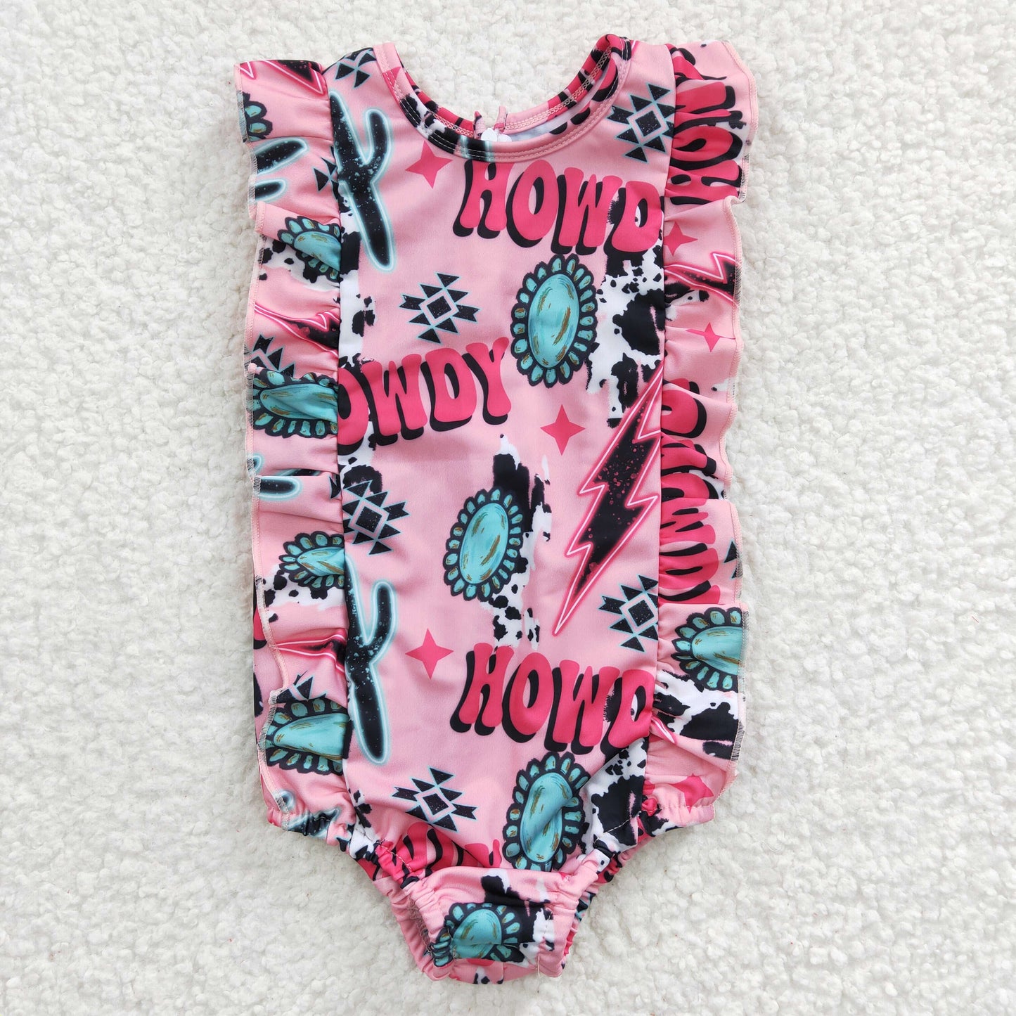 Girls pink HOWDY western print ZIP swimsuit S0036
