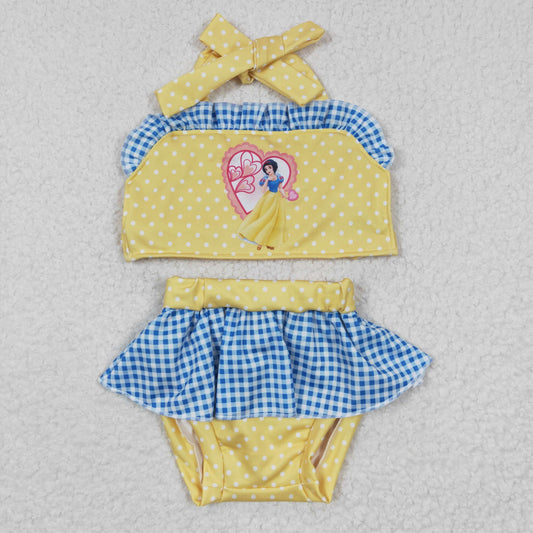 Girls Yellow blue Princess print 2 pieces swimsuit  S0060