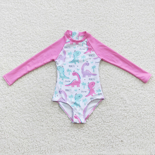 Girls pink long sleeve dimo print 1 piece zipper swimsuits S0076