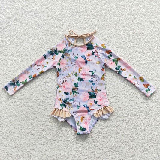 Girls floral print 1 piece long sleeve swimsuits S0085