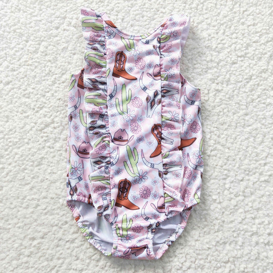 Girls pink western print 1 piece swimsuits S0111