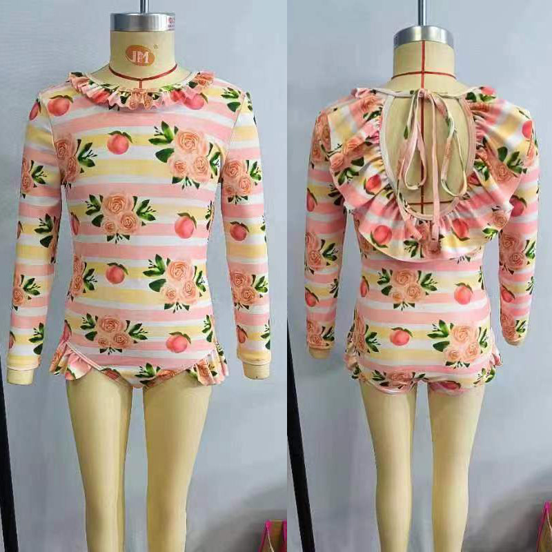 S0139 Girls long sleeve peach and flowers print 1 pieces swimsuits