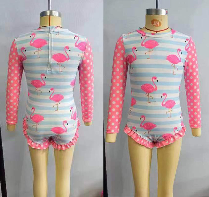 S0140 Girls long sleeve flamingo print 1 pieces swimsuits