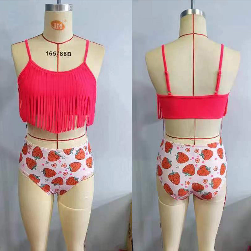 Girls tassels strawberry print 2 pieces swimsuits S0142