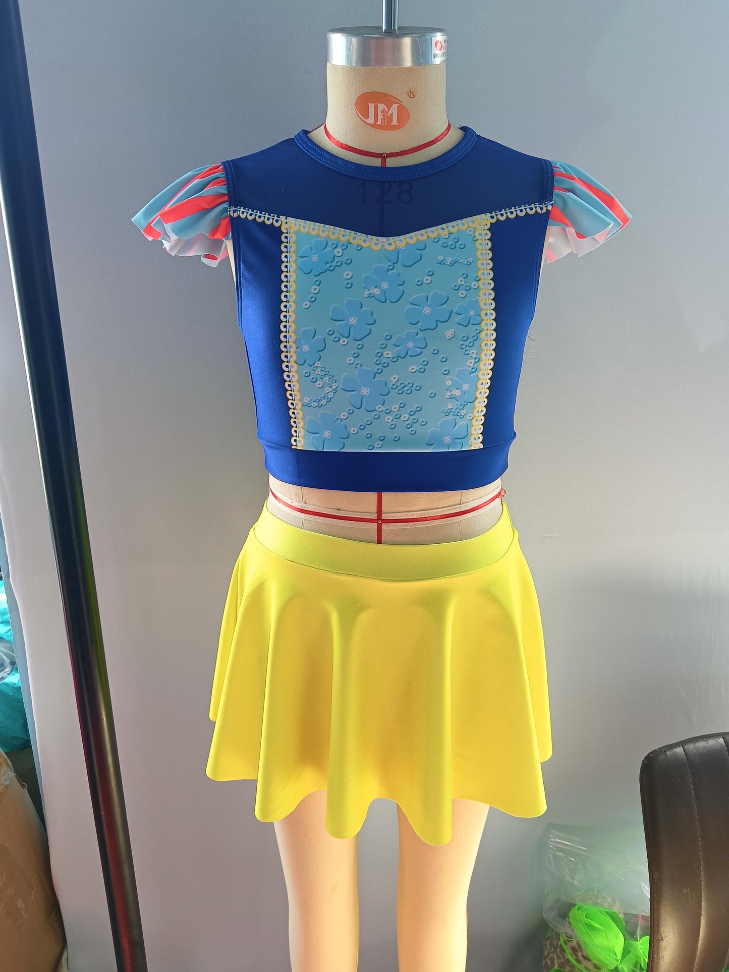 S0144 Girls blue yellow cartoon princess design 2 pieces swimsuits