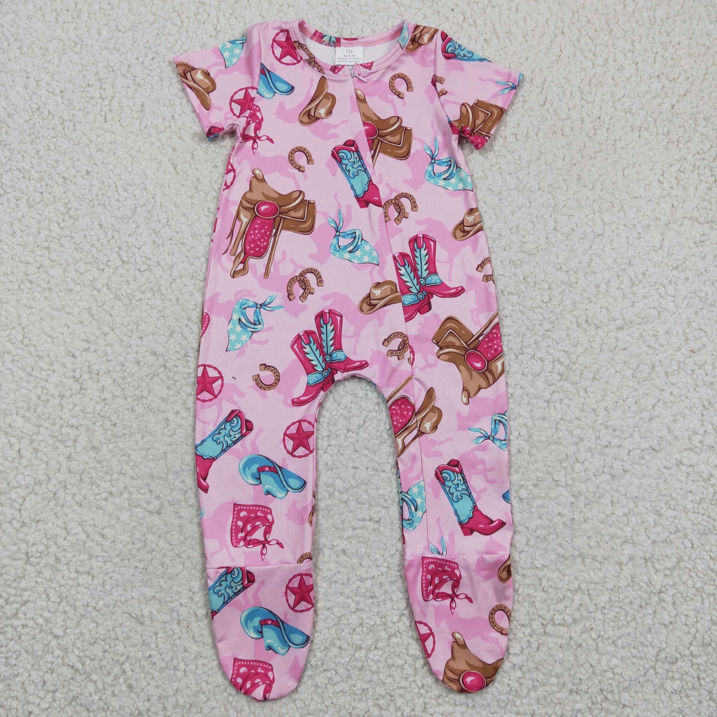 (Promotion)Baby pink western print footie romper SR0194