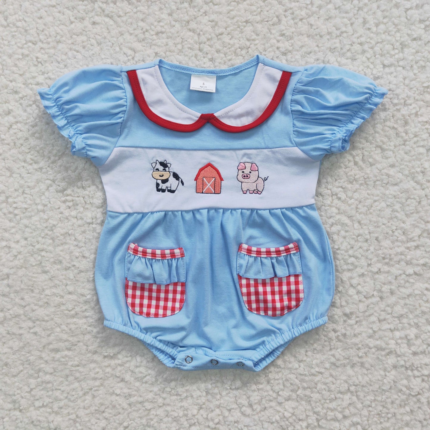 Farm Animals Embroidery Blue Top Plaid Shorts Sibling Summer Matching Clothes