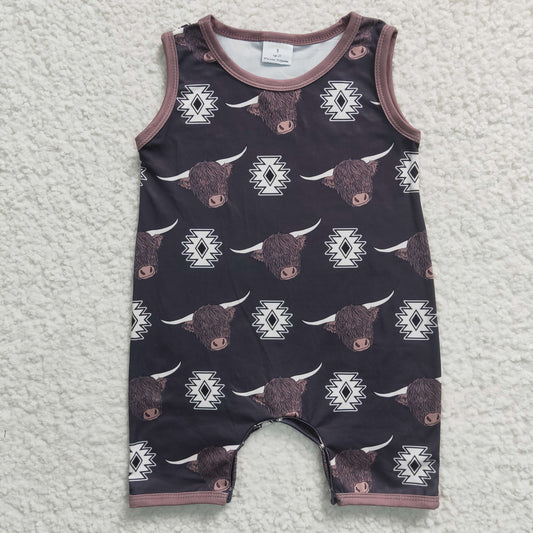 Baby boys cow skull aztec print western summer romper      SR0284