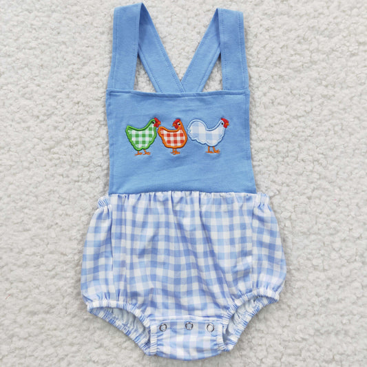 Baby boys blue plaid chicken print summer romper      SR0286