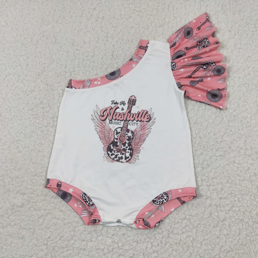 Girls one-shoulder guitar print romper  SR0317