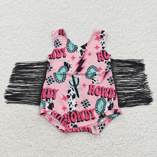 SR0324 Girls pink howdy summer western tassels romper