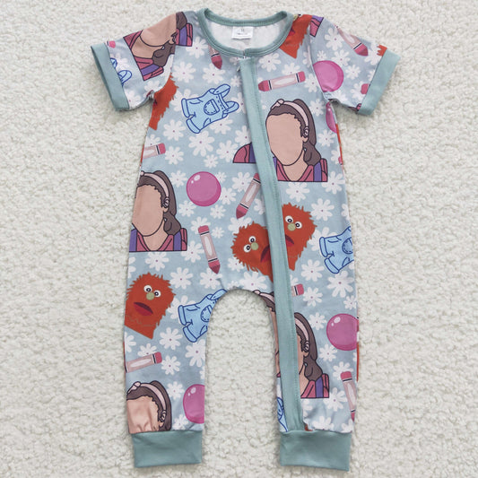 Baby cartoon teacher print short sleeve zipper romper SR0347