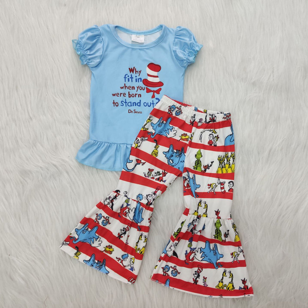 Girls cartoon print bell bottom pants outfits A14-22