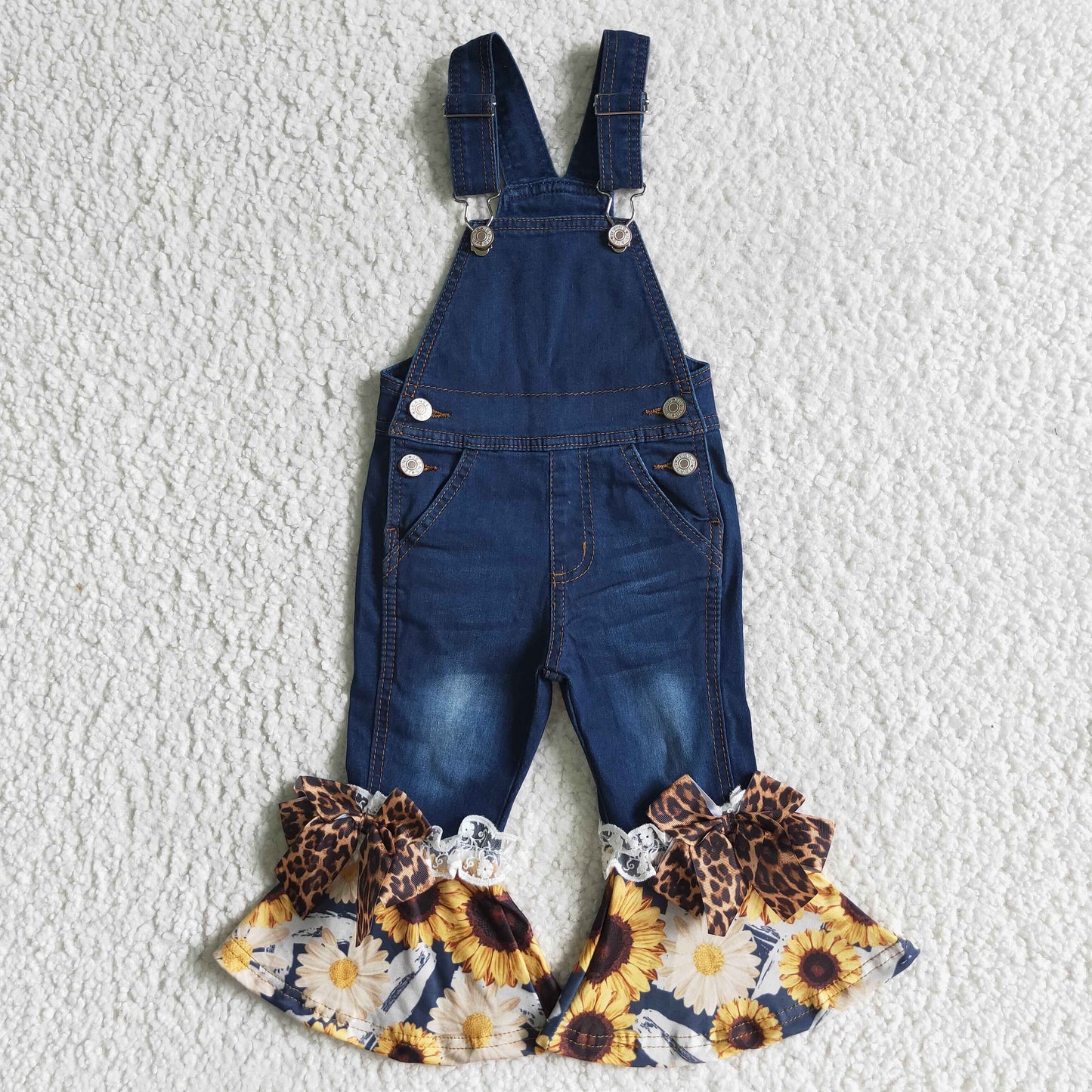 Baby girls suspender denim overall sunflower jumpsuit P0028