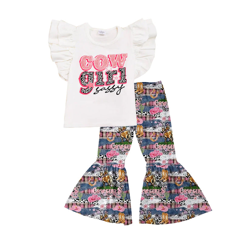 (Custom Design Preorder MOQ 5) Cow Girl Sassy Western Girls Bell Pants Clothes Set