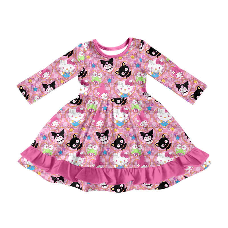 (Custom Design Preorder MOQ 5) Cartoon Animals Pink Print Ruffle Girls Knee Length Dress