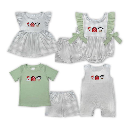 Chicken Cow Farm Embroidery Plaid Print Sibling Summer Matching Clothes