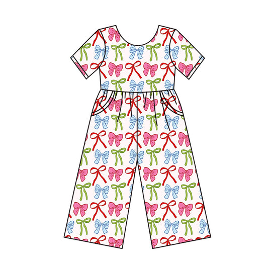 (Custom Design Preorder MOQ 5) Colorful Bows Print Pockets Girls Summer Jumpsuits