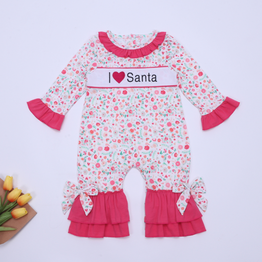 (Custom Design Preorder MOQ 5) I LOVE Santa Pink Flowers Print Baby Girls Christmas Romper