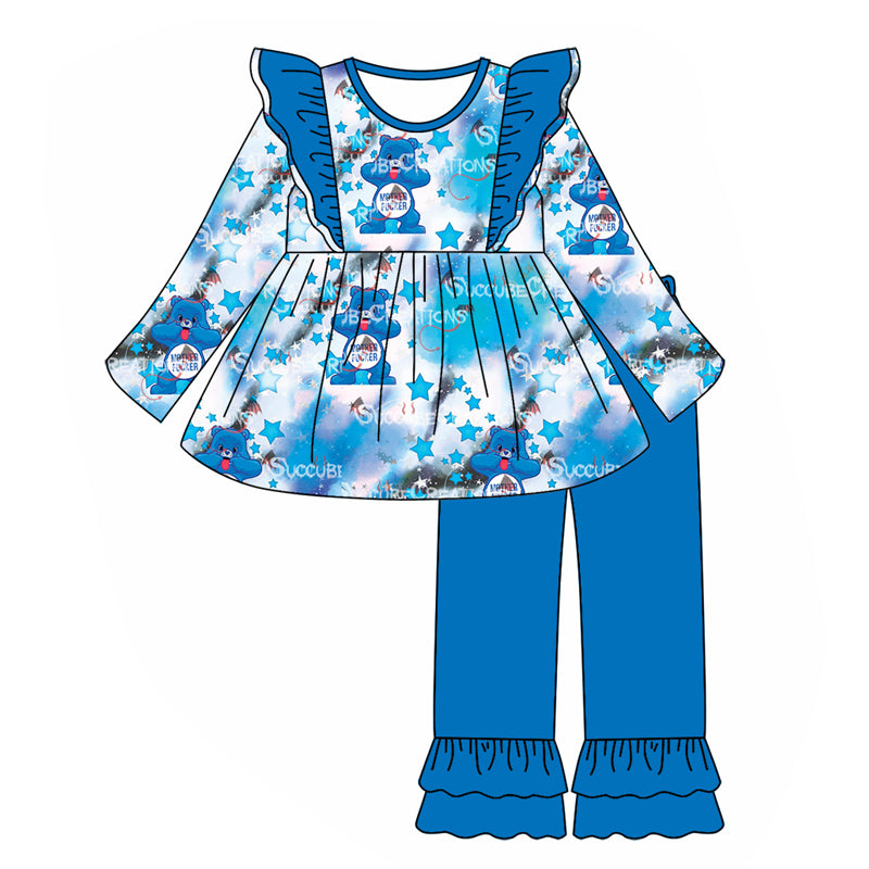 (Custom Design Preorder MOQ 5) Cartoon Bear Tunic Top Blue Pants Girls Fall Clothes Set