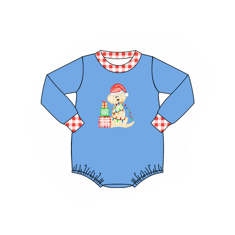 (Custom Design Preorder MOQ 5) Dog Gift Lights Blue Print Baby Boys Christmas Romper