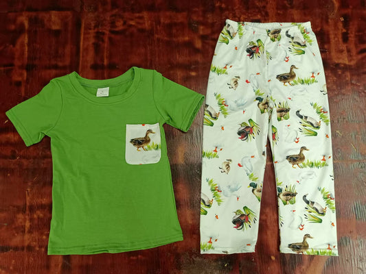 (Custom Design Preorder MOQ 5) Green Pocket Top Duck Pants Boys Clothes Set