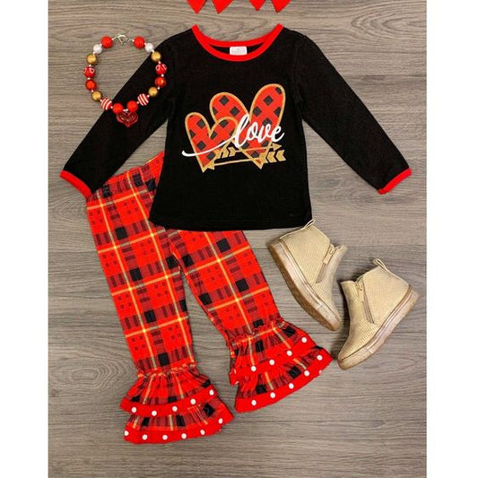 (Custom Design Preorder MOQ 5) LOVE Heart Plaid Pants Girls Valentine's Day Clothes Set