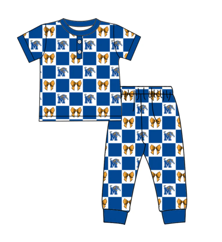 (Custom Design Preorder MOQ 5) Team's Memphis Tigers Plaid Bows Print Girls Pajamas Clothes Set