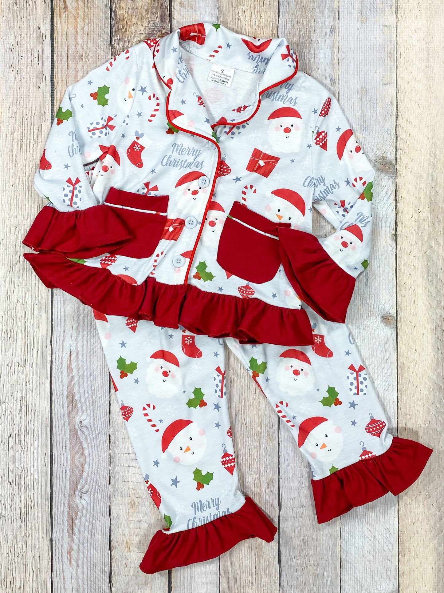 (Custom Design Preorder MOQ 5) Santa Holly Candy Cane Print Girls Christmas Pajamas Clothes Set