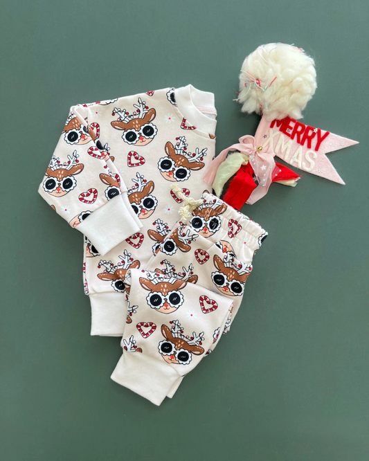 (Custom Design Preorder MOQ 5) Deer Lights Candy Cane Print Girls Christmas Pajamas Clothes Set