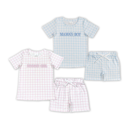 MAMA'S BOY & GIRL Embroidery Plaid Print Sibling Mother's Day Summer Matching Clothes