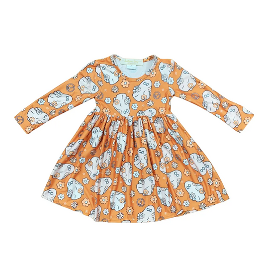 (Custom Design Preorder MOQ 5) Ghost Flowers Print Girls Knee Length Halloween Dress