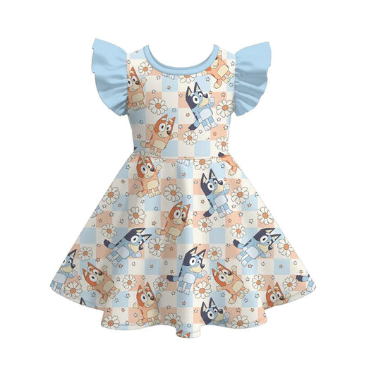 (Custom Design Preorder MOQ 5) Cartoon Dog Flowers Blue Print Girls Summer Knee Length Dress