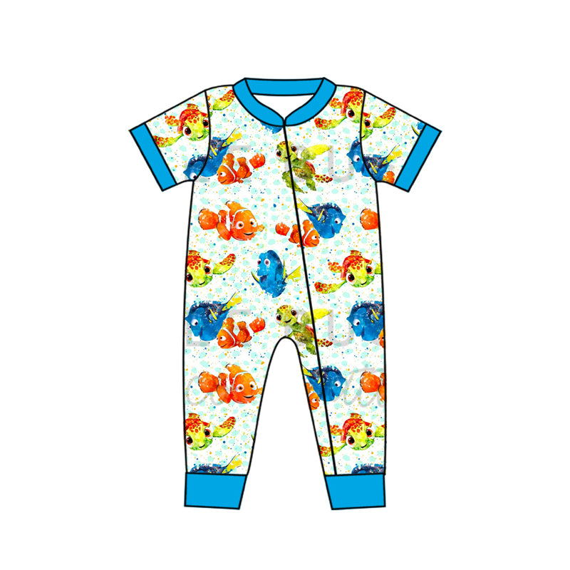 (Custom Design Preorder MOQ 5) Cartoon Fish Print Baby Boys Zipper Romper