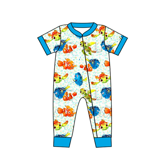 (Custom Design Preorder MOQ 5) Cartoon Fish Print Baby Boys Zipper Romper