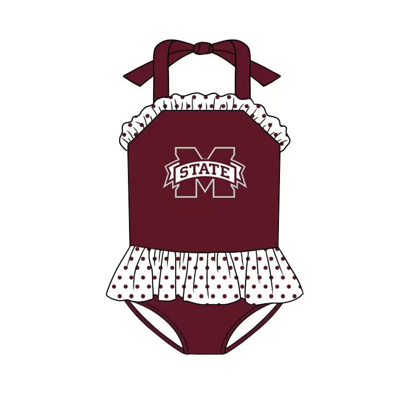 (Custom Design Preorder MOQ 5)  Team's Mississippi State Print Girls 1 Piece Swimsuits