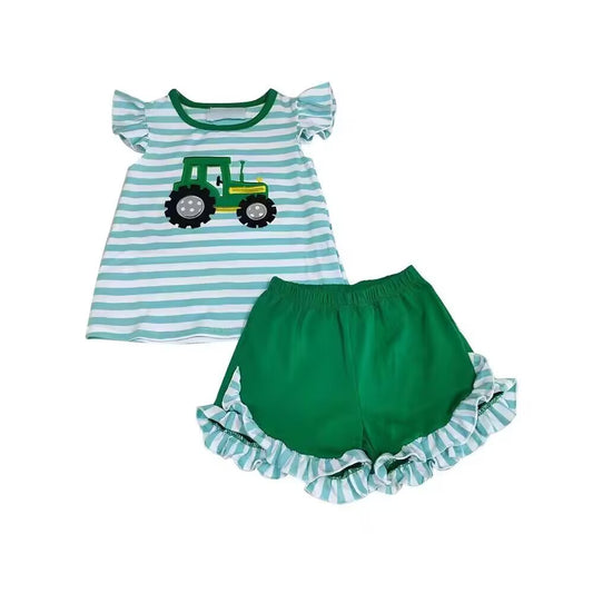 (Custom Design Preorder MOQ 5)  Tractor Print Girls Summer Clothes Set