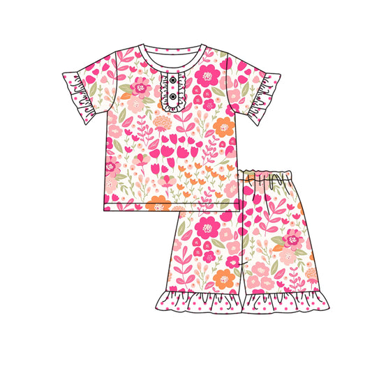 (Custom Design Preorder MOQ 5) Pink Flowers Print Girls Summer Pajamas Clothes Set