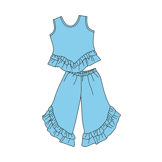 (Custom Design Preorder MOQ 5) Light Blue Sleeveless Top Ruffles Pants Girls Clothes Set