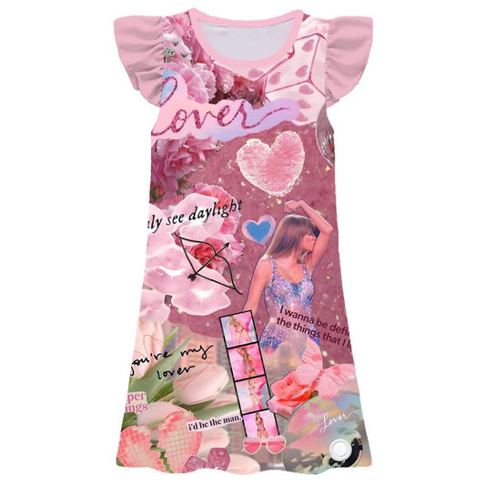 11.22(Custom Design Preorder MOQ 5) Singer Swiftie Pink Print Girls Flutter Sleeve Knee Length Dress