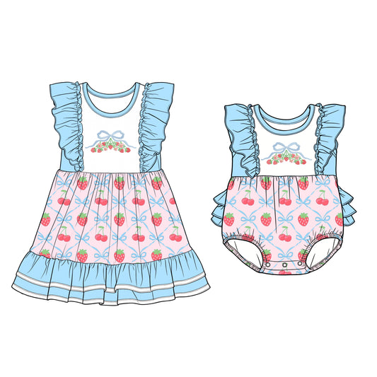 12.10 (Custom Design Preorder MOQ 5 Each Design) Strawberry Cherry Bows Print Girls Summer Matching Clothes Sisters Wear